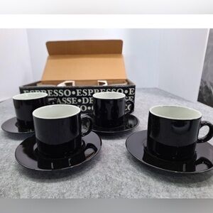 Sakura Set Of 4 Black Espresso/Cappuccino Cups/Saucers
